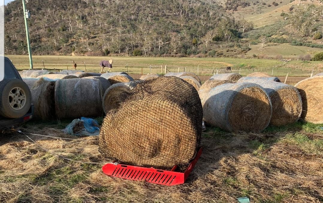 a paddock blade carrying a round hay bale